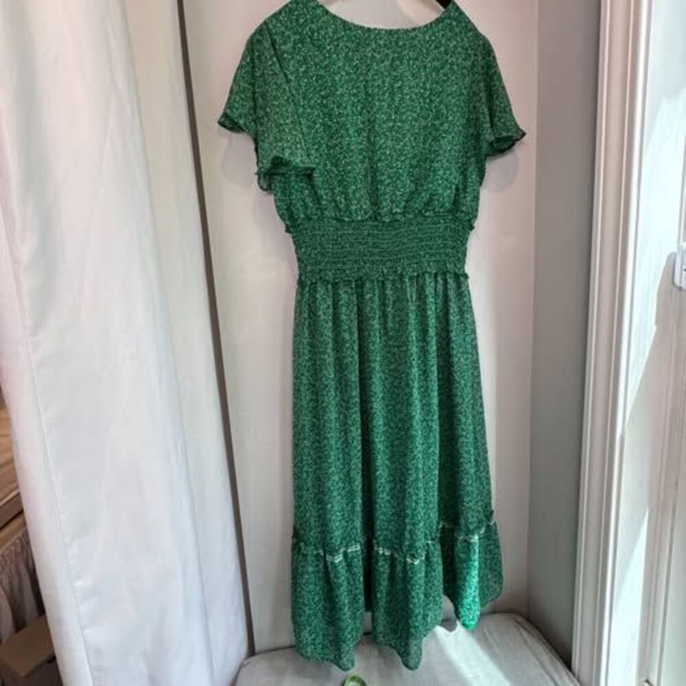 Max Studio Dress Women's Small Green Floral Midi Elastic Waist Boho Style - Picture 2 of 10